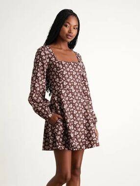 Lulus Daily Affection Brown Floral Corduroy Mini Dress With Pockets NEW